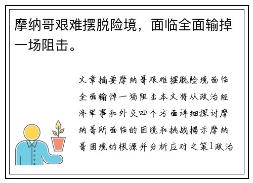 摩纳哥艰难摆脱险境，面临全面输掉一场阻击。